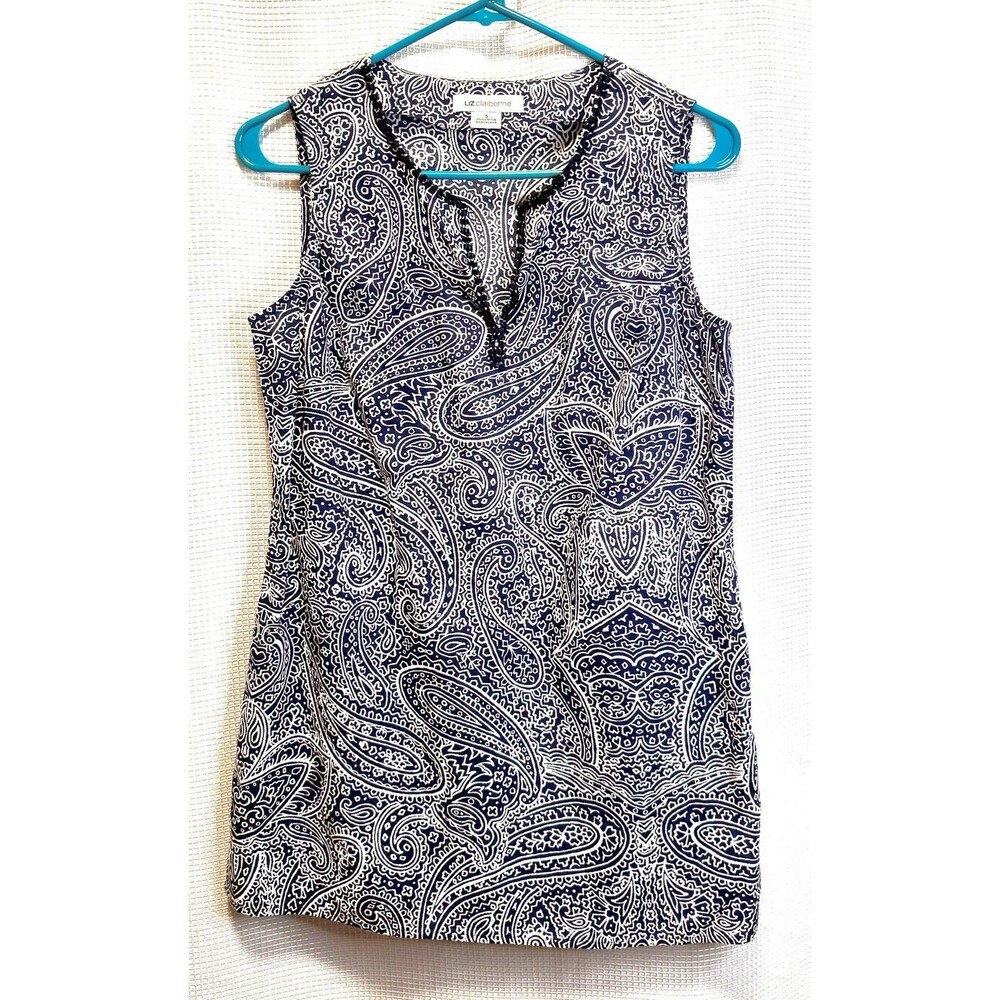 Liz Claiborne Women Small Navy White Sleeveless Tunic Top/dress W/Beaded Neck